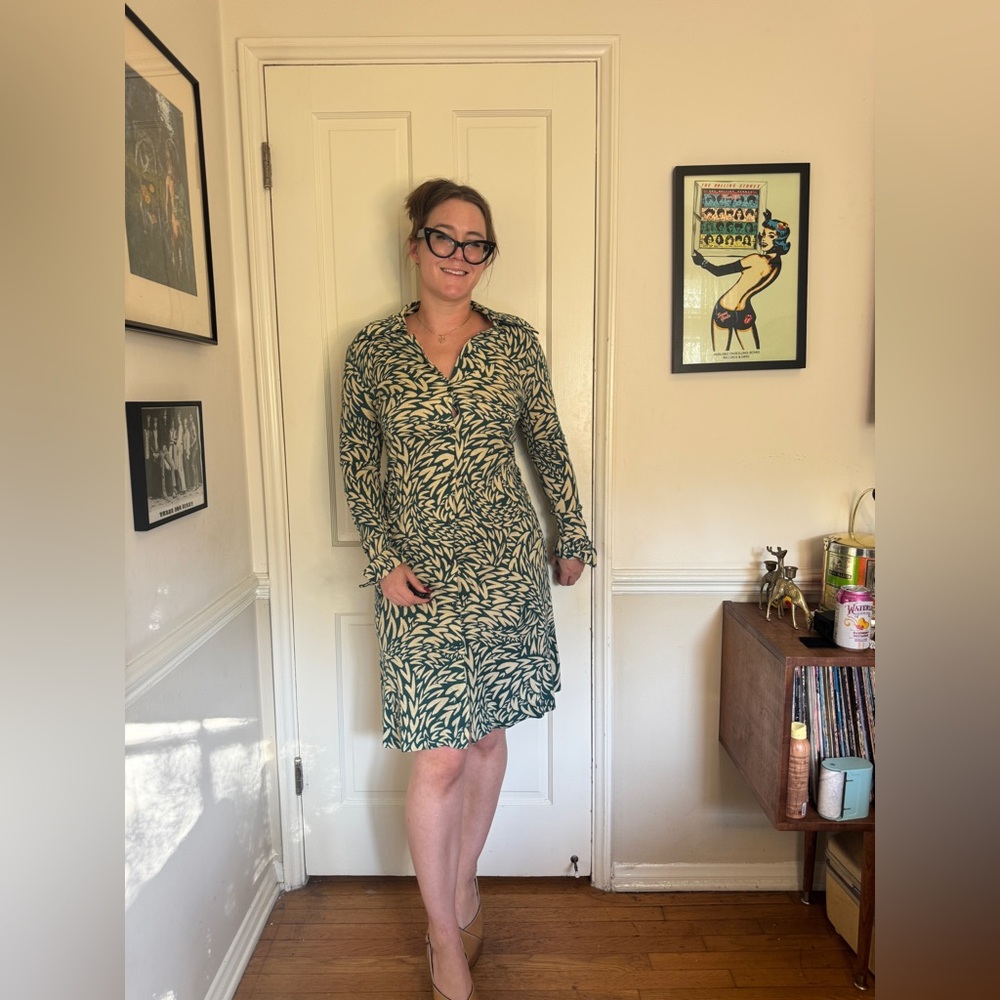 70s Vintage Diane Von Furstenberg Green and White Heart Print Dress